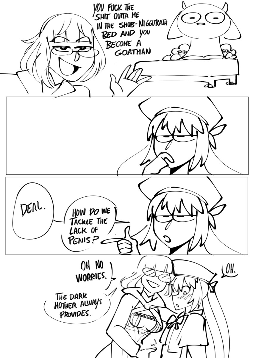 artoria_caster_(fate) artoria_pendragon bed blush border breasts cleavage clinickcase clothed cock_growth comic consensual corruption dialogue embarrassed english_text eyebrows_visible_through_hair fate/grand_order fate_(series) femdom femsub futanari futasub glasses goddess greyscale hat jacques_de_molay_(foreigner) magic monochrome preview short_hair shub-niggurath simple_background smile speech_bubble surprised text transgender twintails very_long_hair white_background yuri