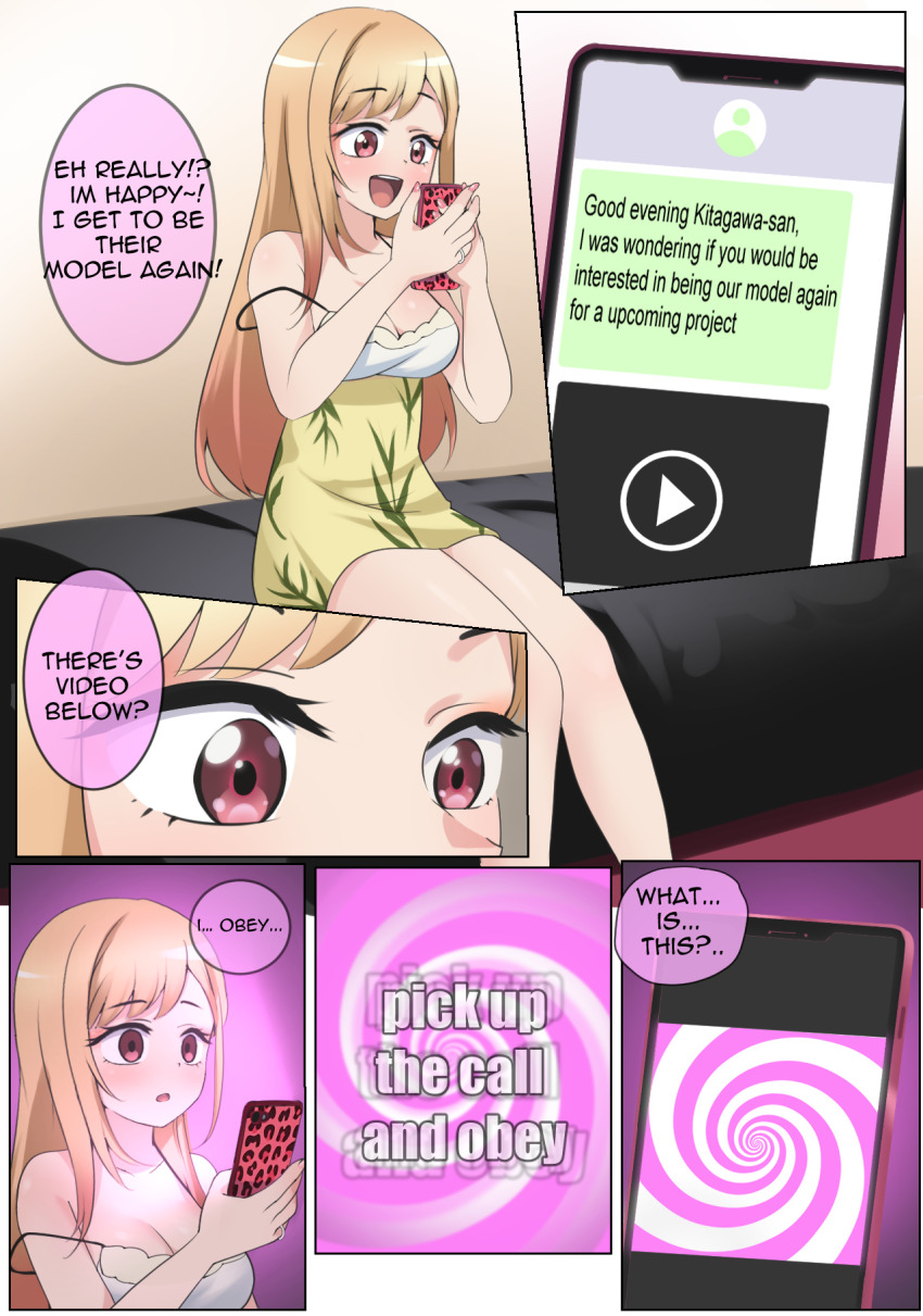 bangs bed before_and_after blonde_hair breasts cell_phone comic dress empty_eyes expressionless femsub hypnotic_screen long_hair maozi_dan marin_kitagawa my_dress-up_darling nail_polish open_mouth right_to_left ring smile spiral tech_control text