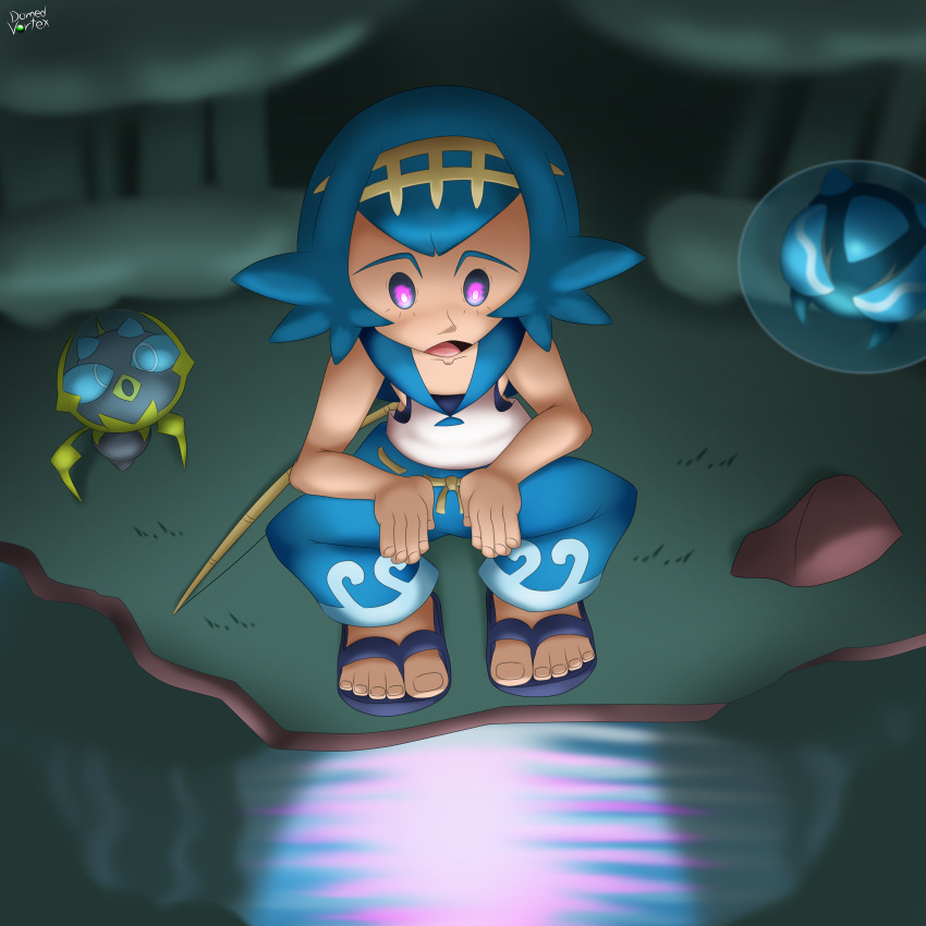 araquanid blue_hair dazed dewpider domedvortex feet female_only femsub glowing_eyes lana_(pokemon) night nintendo open_mouth outdoors pokemon pokemon_sun_and_moon reflection sandals water