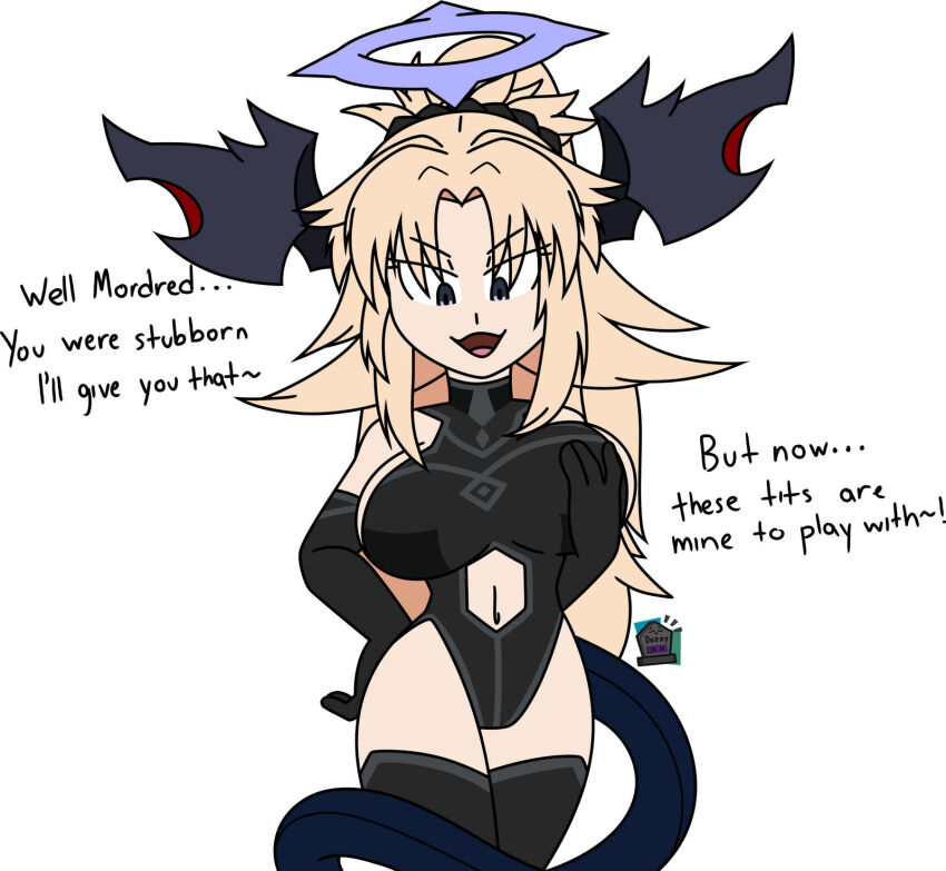 alternate_costume alternate_form bare_shoulders blonde_hair breast_fondling breasts corruption demon_girl dez_a_sketch dezzy dialogue english_text fate/apocrypha fate_(series) female_only femdom femsub fusion hand_on_hip happy_trance holding_breasts horns large_breasts legs long_hair lucy_(svenskarigel) midriff mordred_(fate) navel open_mouth original possession smile tail text thick_thighs thighhighs thighs white_background