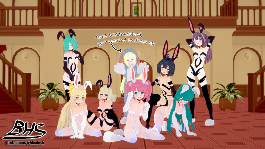 3d absurdres ahoge bhsdesk black_eyes black_hair blonde_hair blue_eyes blush bow brown_hair bunny_girl collar cyan_hair female_only femsub happy_trance haruka_hanabishi heart_eyes kaoruko_tenkawa kiwi_araga kneeling koikatsu! korisu_morino looking_up_to_magical_girls matama_akoya multiple_girls multiple_subs nemo_anemo open_mouth pink_eyes pink_hair red_eyes sayo_minakami short_hair signature text tongue_out transformation twintails utena_hiiragi very_long_hair yellow_eyes