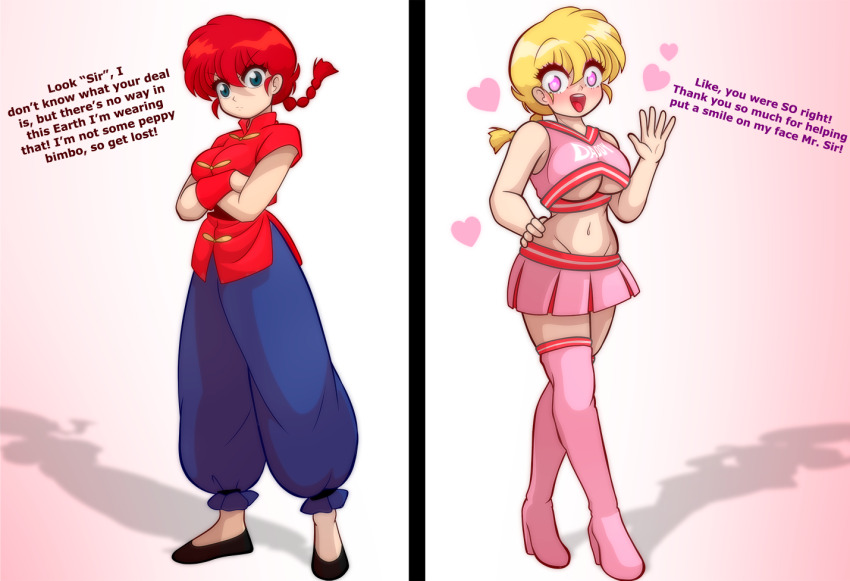 before_and_after blonde_hair blue_eyes cheerleader dialogue disguised_hypnotist feminization femsub genderswap heart heart_eyes high_heels navel pants pink_eyes ponytail ranma_1/2 ranma_saotome red_hair shirt simple_background smile text thighhighs tongue underboob