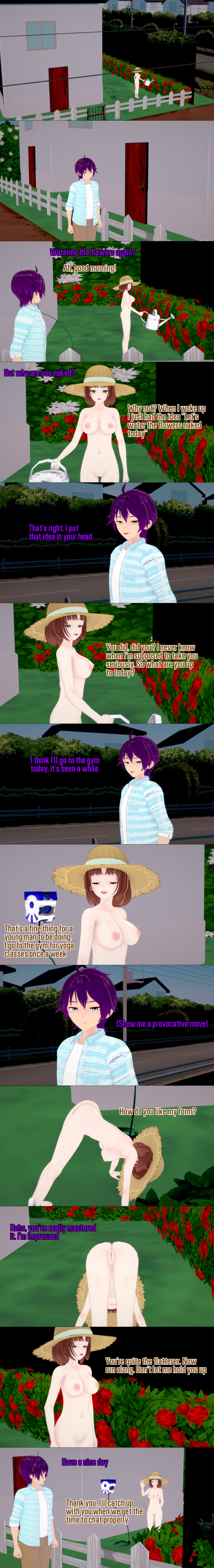 absurdres altered_common_sense anus bent_over breasts brown_hair closed_eyes clothed dialogue english_text femsub grey_eyes hat maledom milf nipples nude original purple_hair pussy short_hair text yellow_eyes zenin1