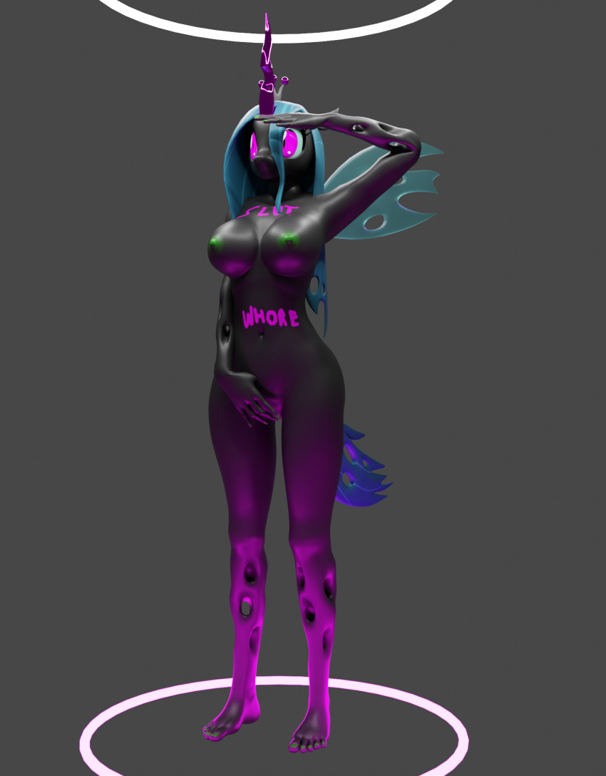 3d body_writing female_only femsub flesh_(manipper) furry my_little_pony nude pink_eyes queen_chrysalis saluting standing_at_attention