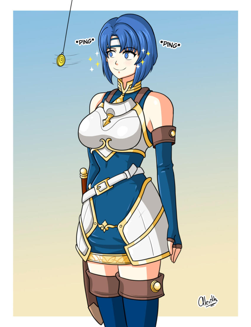 alerith bandana bare_shoulders blue_hair blush breasts catria_(fire_emblem) clothed english_text female_only femsub fingerless_gloves fire_emblem fire_emblem_shadow_dragon_and_the_blade_of_light gloves happy_trance nintendo opera_gloves pendulum ping short_hair smile solo sparkle spiral spiralwash_eyes sword symbol text thighhighs weapon