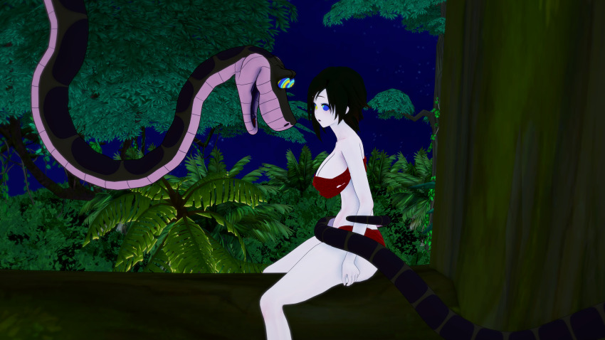 3d ass barefoot bikini black_hair breasts cleavage coils confused feet grey_eyes huge_ass huge_breasts jungle kaa kaa_eyes koikatsu! large_ass leaning_forward lipstick loincloth midriff mrkoiru multiple_girls open_mouth outdoors pale_skin ruby_rose rwby short_hair snake the_jungle_book wide_hips