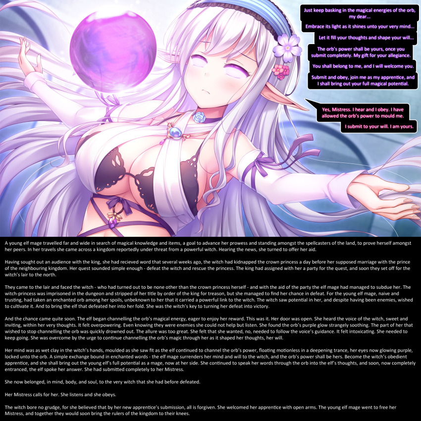 aliensdideverything_(manipper) breasts caption cleavage dialogue elf elf_ears expressionless female_only femdom femsub glowing glowing_eyes hair_ornament hypnotic_orb large_breasts long_hair magic manip orb purple_eyes text white_hair