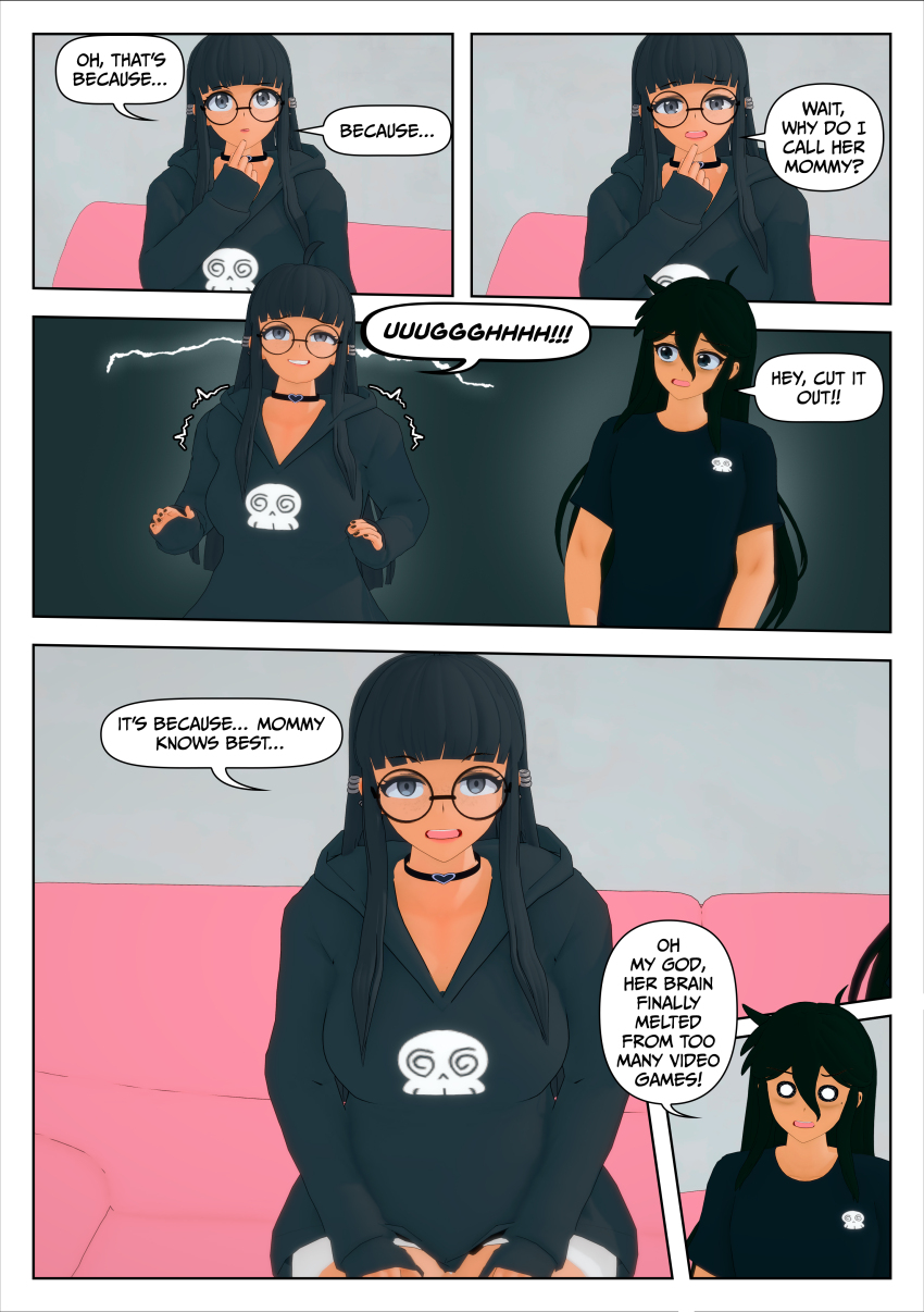 black_hair blush clothed comic dialogue femsub mother_and_daughter original pink_hair rollb spiral_eyes text valerie_(dumbskull)