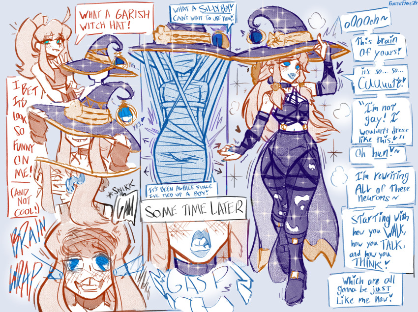 absurdres alternate_costume aware blue_eyes body_control bondage clothed crossdressing english_text eye_color_change fanterfane fayne_(fanterfane) femdom feminization freckles green_eyes hat heart lipstick living_costume long_hair makeup malesub midriff mummification nail_polish navel original possession restrained sequence sparkle speech_bubble symbol text witch witch_hat