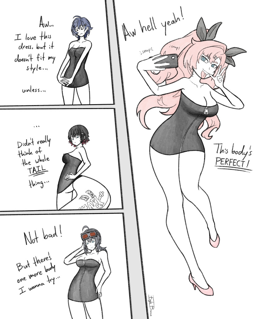 absurdres ahoge alternate_costume bare_legs bare_shoulders belle_(zenless_zone_zero) black_hair blue_hair breasts cleavage dialogue dress eagle_bacon ellen_joe english_text female_only femdom femsub goggles goggles_on_head grace_howard hand_on_hip happy_trance high_heels legs long_hair multiple_girls multiple_subs nicole_demara open_mouth phone pink_hair possession selfie short_hair signature simple_background smile tail text tongue tongue_out v white_background zenless_zone_zero zipper