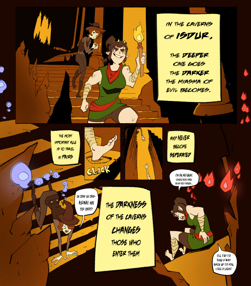 arturia_stockholm_(gwindy) asuna_iromashi_(gwindy) barefoot black_hair blueparikeet boots brown_hair comic corruption demon demon_girl english_text ghost green_eyes hair_buns horns magic monster monster_girl oni_girl original ponytail red_hair text tiefling transformation witch witch_hat