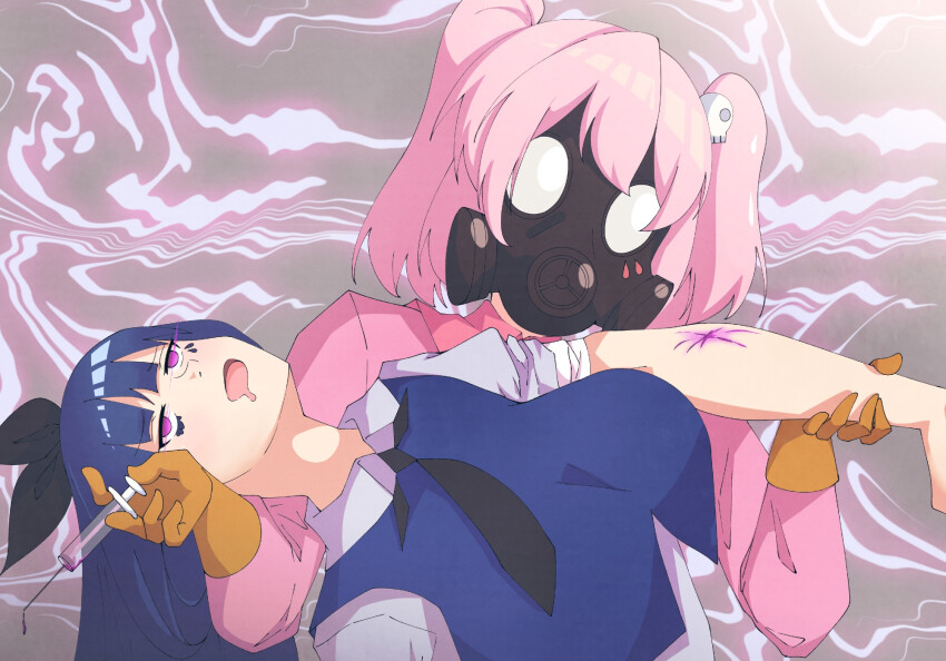blood blue_hair character_request copyright_request drool empty_eyes eyebrows_visible_through_hair face_mask face_paint female_only femdom femsub gloves gojulas hair_ribbon hypnovember injection jacket long_hair lying open_mouth pink_hair purple_eyes shirt skull t-shirt twintails