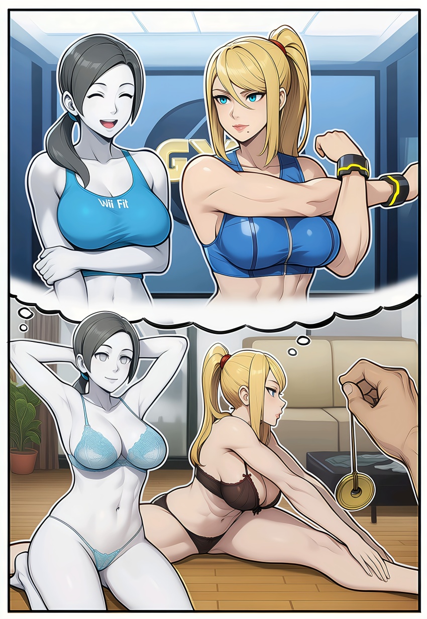 abs absurdres ai_art altered_perception arms_above_head bare_shoulders blonde_hair blue_eyes bra breasts cleavage comic couch crossover empty_eyes english_text exercise expressionless femsub grey_eyes grey_hair gym happy_trance hellsing002_(generator) kneeling lingerie maledom metroid_(series) midriff muscle_girl navel nintendo panties pendulum plant ponytail samus_aran smile sports_bra spread_legs super_smash_bros. thong thought_bubble white_skin wii_fit wii_fit_trainer