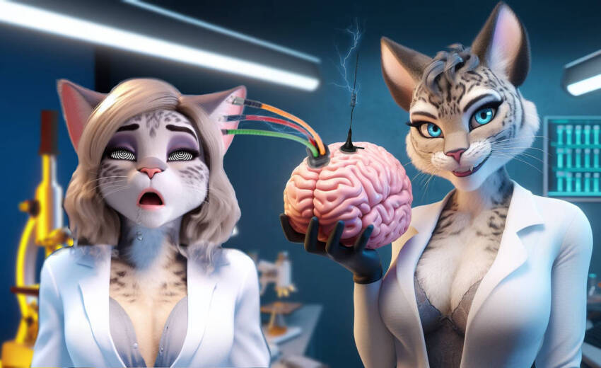 ai_art animal_ears antenna brain brain_drain drool external_brain female_only femdom femsub furry lab_coat spiral tech_control thehypnopotamus wires