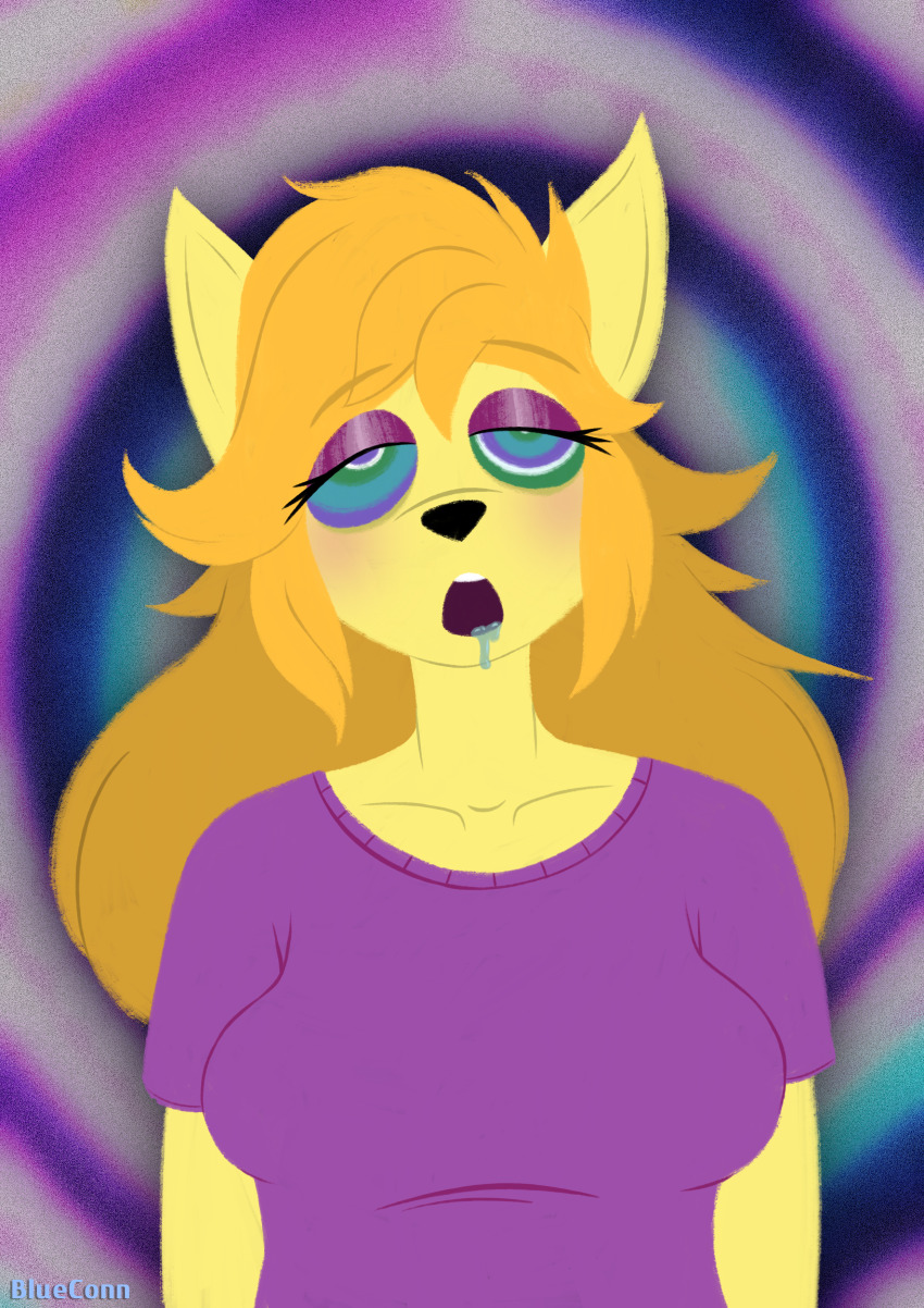 absurdres blonde_hair blueconn ceroba_ketsukane clothed collarbone dazed drool expressionless eyebrows_visible_through_hair eyeshadow female_only femsub fox_girl furry heavy_eyelids kaa_eyes open_mouth shirt signature solo spiral_background undertale undertale_yellow