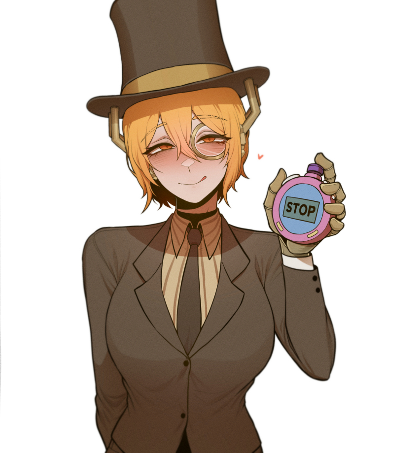 blonde_hair blush breasts clock don_quixote_(limbus_company) evil_smile heart large_breasts licking_lips limbus_company mechanical_arm misg1111 monocle pocket_watch pov pov_sub prosthetic_limb smile suit tie time_stop tongue top_hat