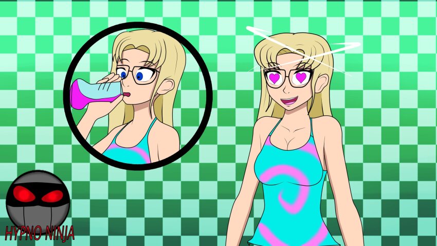 aurora_(jabberwocky) blonde_hair cleavage femsub glasses happy_trance heart heart_eyes hypno_ninja love_potion original smile symbol_in_eyes