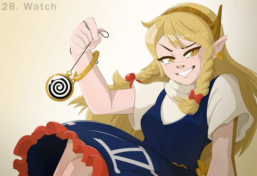 blonde_hair bow disguised_hypnotist hypnovember kaichudokei_(hawkblade573) original pocket_watch pov skirt smirk spiral tagme text touhou twin_braids yellow_eyes