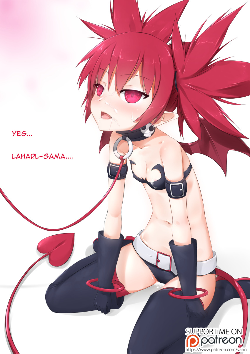 collar cum cum_on_face dazed demon_girl disgaea empty_eyes etna female_only femsub glowing glowing_eyes leash magic maledom monster_girl open_mouth red_eyes red_hair succubus text vahn_yourdoom wings