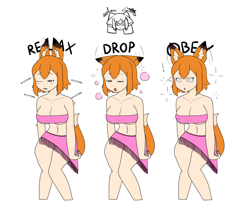 absurdres animal_ears bare_legs bare_shoulders before_and_after blush breasts cleavage collarbone comic drool english_text erect_nipples_under_clothes expressionless female_only femsub fox_ears fox_girl fox_tail grey_eyes heavy_eyelids instant_loss midriff navel one_eye_open open_mouth orange_hair original resisting sequence short_hair short_skirt signature simple_background skirt sleep_command sobergin spiral_eyes spiralwash_eyes sunshine_(skecchyartist) surprised swimsuit symbol symbol_in_eyes tail text thighs tube_top white_background
