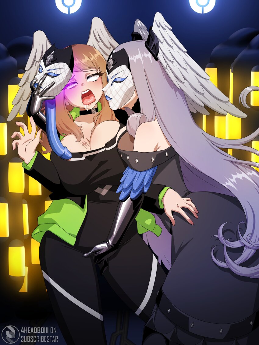 4headboiii ahegao alternate_costume bare_shoulders bird_girl breasts brown_hair choker cleavage closed_eyes corruption drool eunie_(xenoblade) eyeshadow female_only femdom femsub fingering gloves glowing grey_hair hypnotic_mask large_breasts large_hips lipstick long_hair mask melia_antiqua nintendo tattoo tongue tongue_out wings xenoblade_chronicles xenoblade_chronicles_1 xenoblade_chronicles_3 yuri