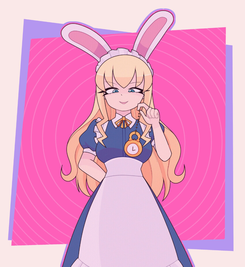 arms_behind_back blonde_hair bow_tie bunny_ears clock dress eyebrows_visible_through_hair female_only femdom long_hair long_skirt looking_at_viewer maid_headdress pendulum pov pov_sub rakuma-imp smile solo spiral_background