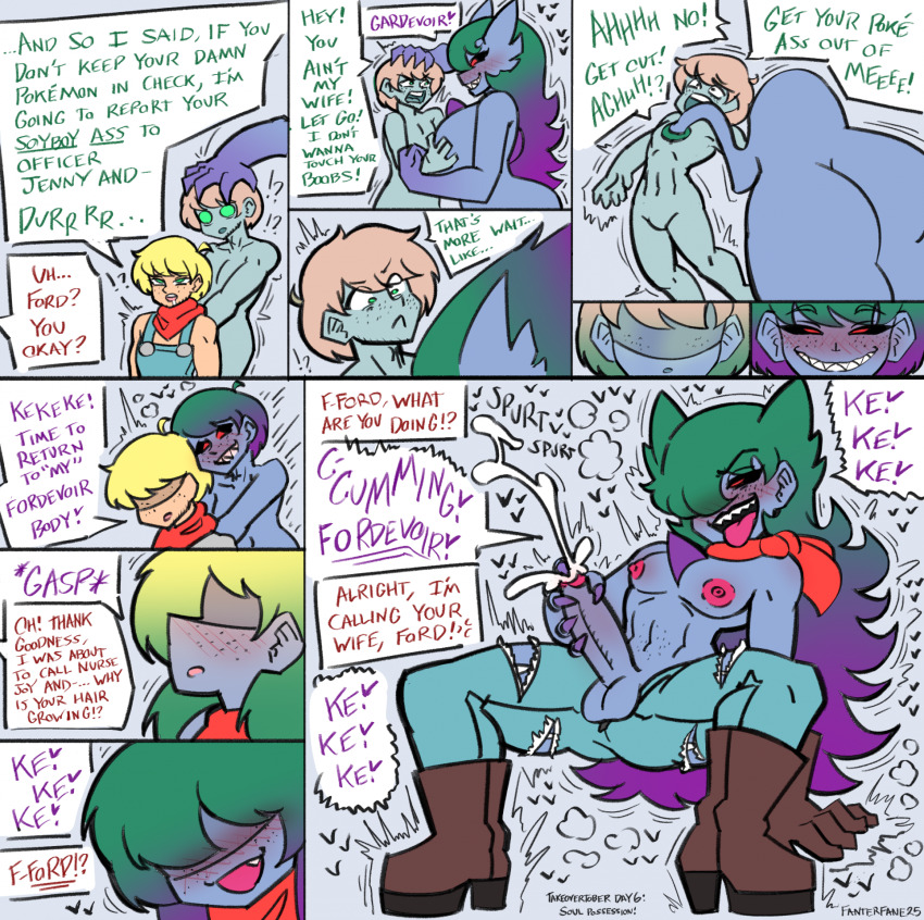 ascot blonde_hair claws comic corruption cum dialogue fanterfane femdom futanari gardevoir gloves green_hair high_heels malesub masturbation multicolored_hair nintendo open_mouth original pokemon possession red_eyes sharp_teeth short_hair soul_stealing speech_bubble tongue_out torn_clothes