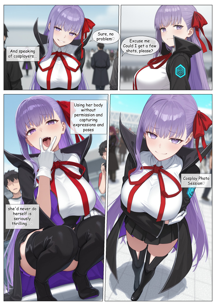 ai_art bb_(fate/extra_ccc) black_hair breasts comic cosplay costume crossed_arms dialogue english_text faceless_male fate/extra_ccc fate/grand_order fate_(series) femsub heart kodawarite_(generator) large_breasts long_hair looking_at_viewer maledom no_eyes outdoors posed posing possession purple_hair short_hair smile speech_bubble squatting text thighhighs