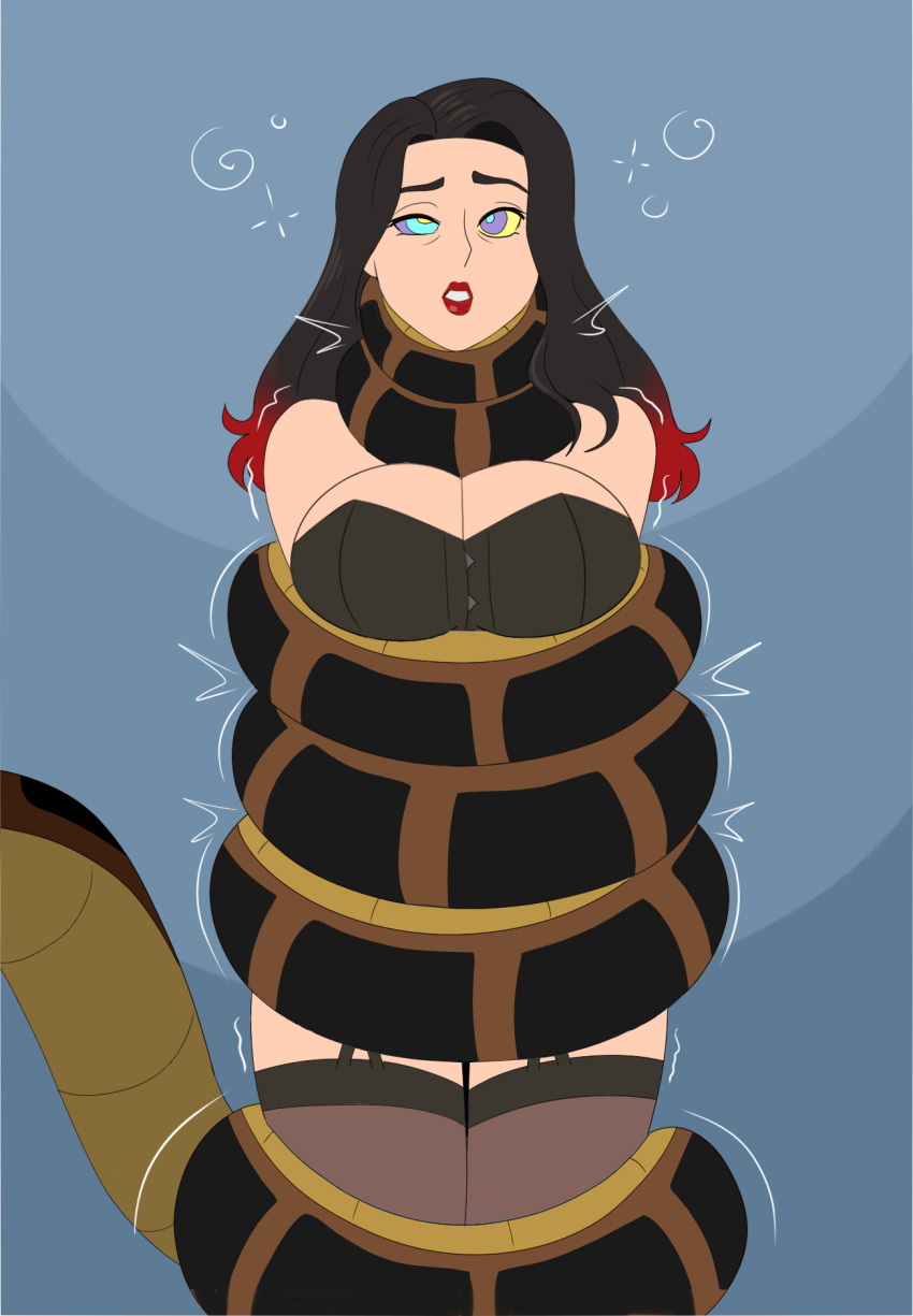 asphyxiation black_hair blue_background bondage breasts cherry_(mine-guy) choking cleavage coils disney femsub kaa kaa_eyes large_breasts lipstick long_hair makeup maledom multicolored_hair original plsgts red_hair red_lipstick restrained simple_background snake spiral symbol the_jungle_book thighhighs thighs