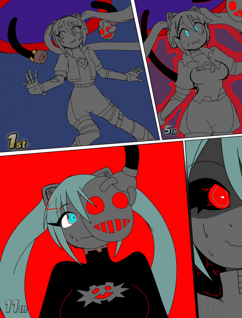 blue_hair bodysuit cat_ears comic crossover dronification eyebrows_visible_through_hair female_only femsub gameplay_mechanics mask miku_hatsune rakuma-imp red_eyes resisting robot sonic_the_hedgehog_(series) sweat tech_control twintails vocaloid