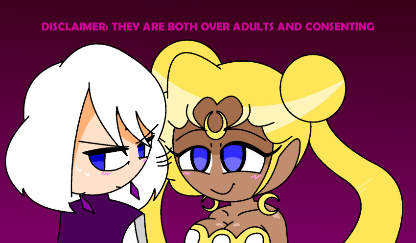 aged_up alternate_color_scheme assertive_sub bare_shoulders blonde_hair blue_eyes blush cape cleavage consensual dark_skin earrings empty_eyes eyebrows_visible_through_hair femsub gradient_background happy_trance hypnoscream large_breasts love maledom pink_background prince_demande sailor_moon sailor_moon_(series) shiny_hair shiny_skin simple_background smile story sweat twintails white_hair