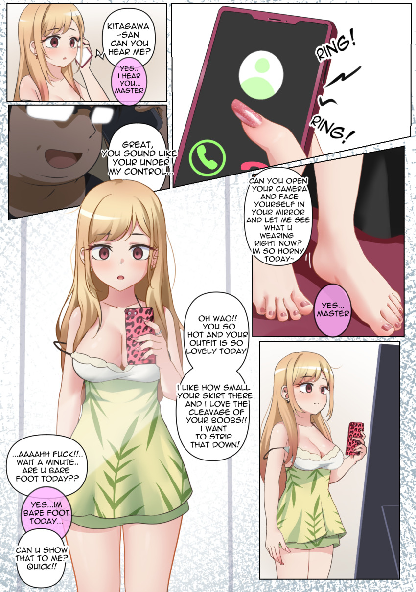 bangs barefoot blonde_hair breasts cell_phone cleavage comic dress empty_eyes expressionless feet femsub long_hair maledom maozi_dan marin_kitagawa my_dress-up_darling nail_polish phone right_to_left ring standing tech_control text toenail_polish