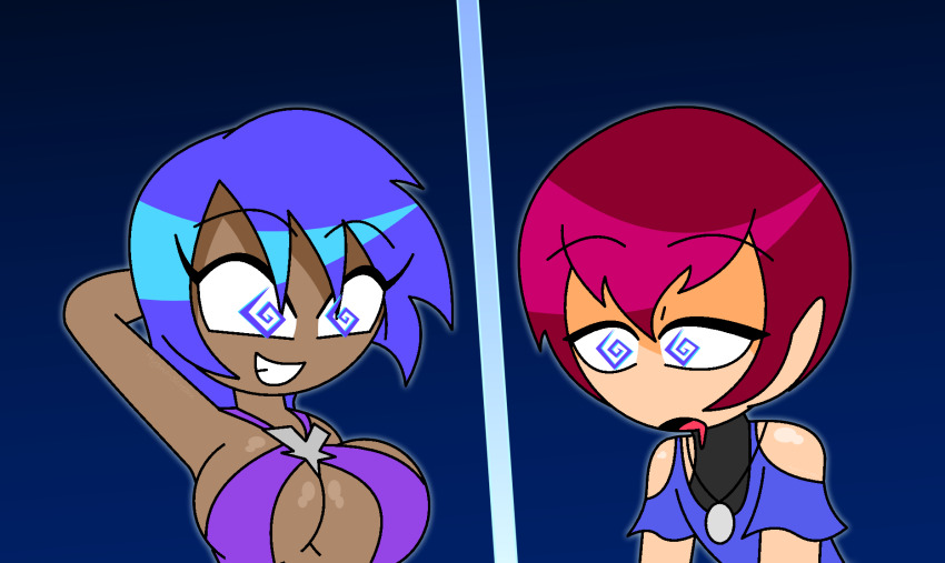 aged_up alternate_costume androgynous_sub aqua_(kingdom_hearts) arms_above_head bare_shoulders blue_background blue_eyes blue_hair chris_(kof) crop_top crossover dancer dark_skin dazed disney drool eyebrows_visible_through_hair eyelashes femdom harem_outfit heavy_eyelids hypnoscream king_of_fighters kingdom_hearts malesub necklace open_mouth red_hair shiny_hair shiny_skin short_hair simple_background smile spiral_eyes square_enix tank_top