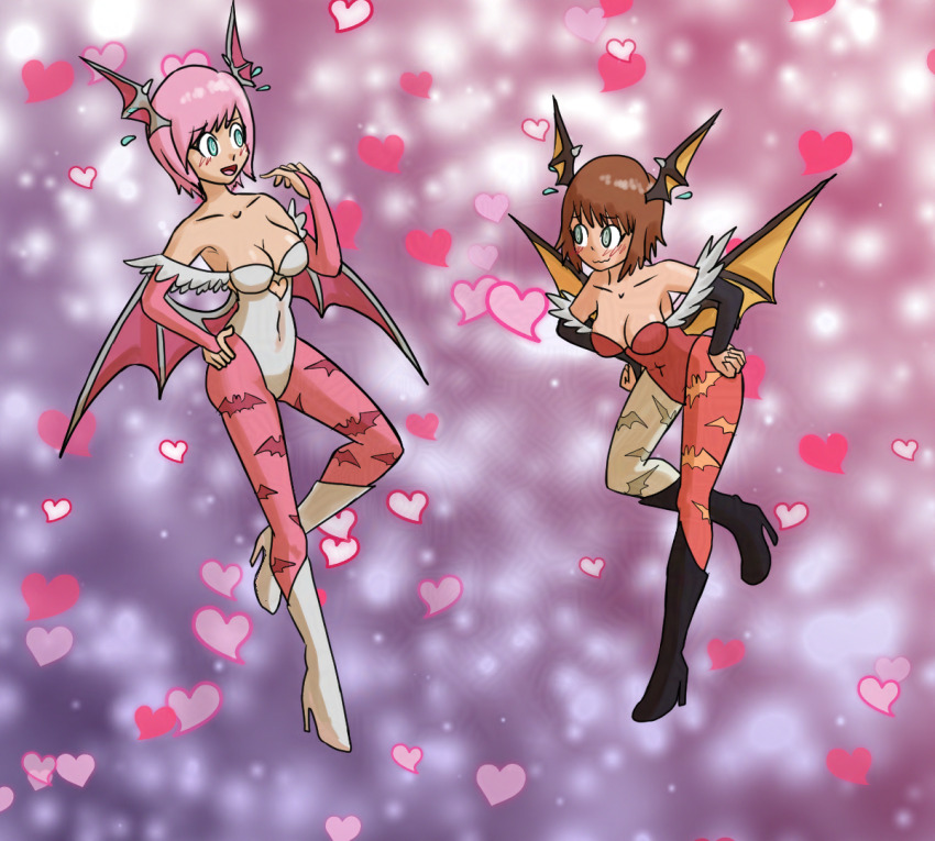 aged_up alternate_costume bandai_namco bare_shoulders blush boots breasts brown_hair cleavage clothed corruption estellise_sidos_heurassein eye_color_change female_only femsub hand_on_hip heart high_heels horns mythkaz pink_hair rita_mordio short_hair spiralwash_eyes succubus sweat symbol tales_of_(series) tales_of_vesperia thigh_boots thighs transformation wings