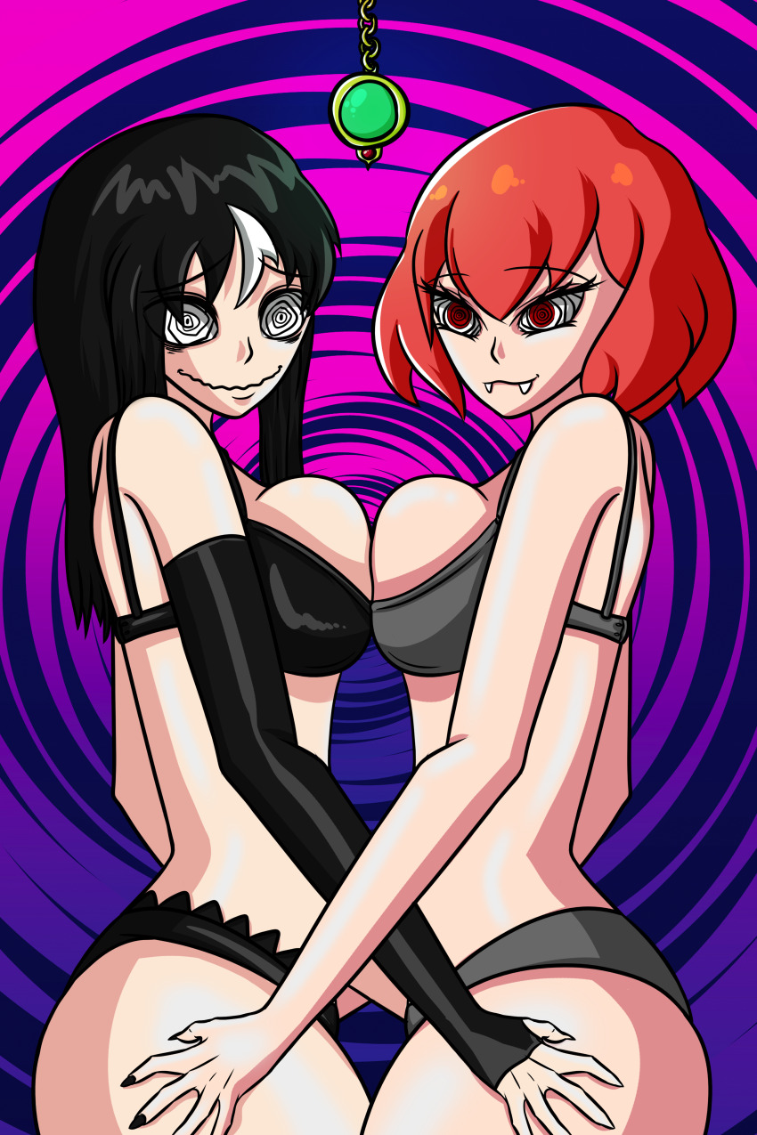 bella_ben black_hair bra carla_carmilla_(rariatoo) noss_(rariatoo) original panties red_hair spiral_eyes symbol_in_eyes tagme