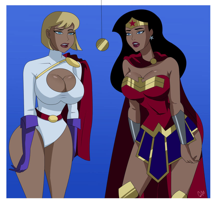 black_hair blonde_hair breasts cape cleavage cleavage_cutout dc_comics empty_eyes female_only femsub ghostlessm gloves huge_breasts justice_league_unlimited leotard multiple_girls multiple_subs pendulum power_girl slouching standing super_hero wonder_woman