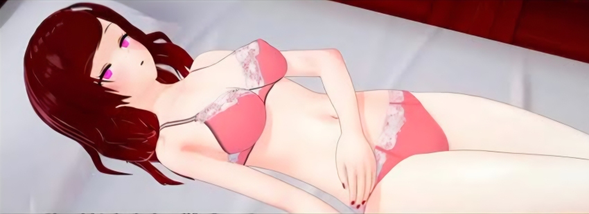 3d bed cleavage erect_nipples female_only glowing_eyes hana_(lustful_sin) large_breasts lustful_sin nail_polish on_back underwear