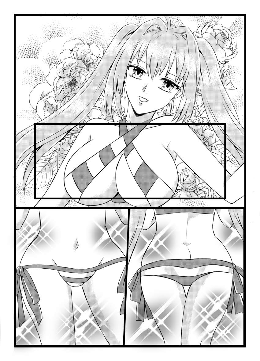 bikini cameltoe comic disney fate/grand_order fate_(series) large_breasts long_hair monochrome nero_claudius_caesar_augustus_germanicus_(fate) nilanandita roses the_jungle_book twintails