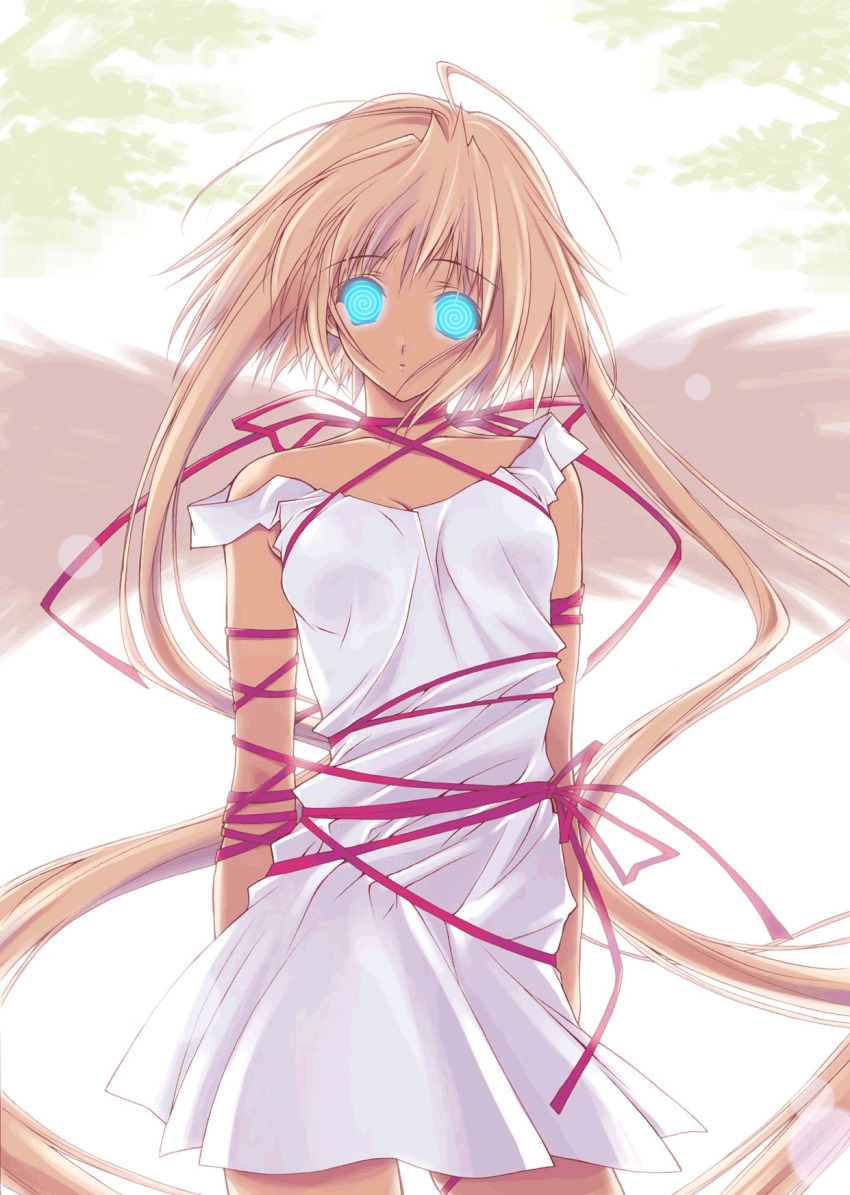 ahoge aliensdideverything_(manipper) animated animated_eyes_only animated_gif blonde_hair blue_eyes bondage dazed expressionless female_only femsub glowing glowing_eyes long_hair manip ribbon ribbon_bondage solo spiral_eyes spiralwash_eyes twintails wings