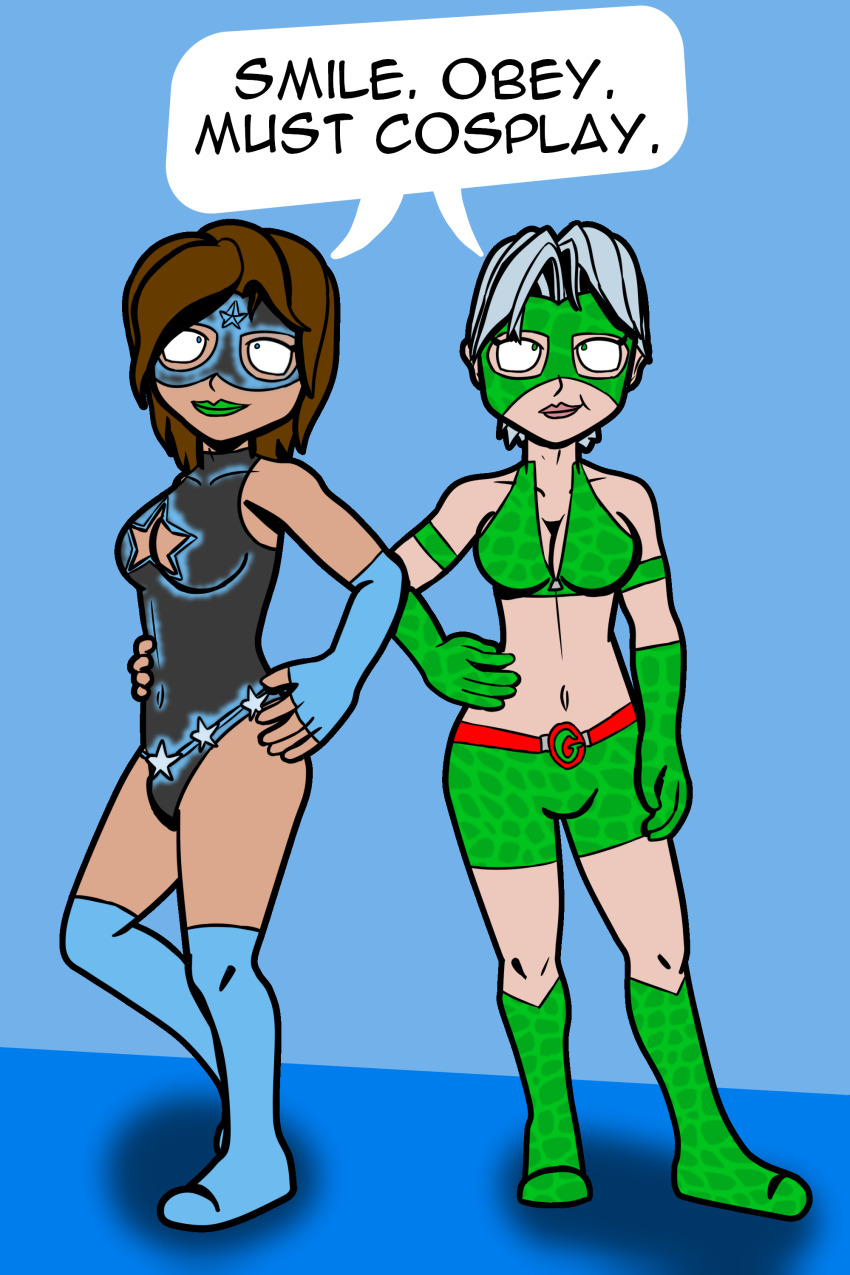 altered_common_sense alternate_costume blue_hair cleavage cosplay costume crossed_eyes dialogue galaxia_(isankura) gecko_girl_(isankura) happy_trance isankura original red_hair super_hero text