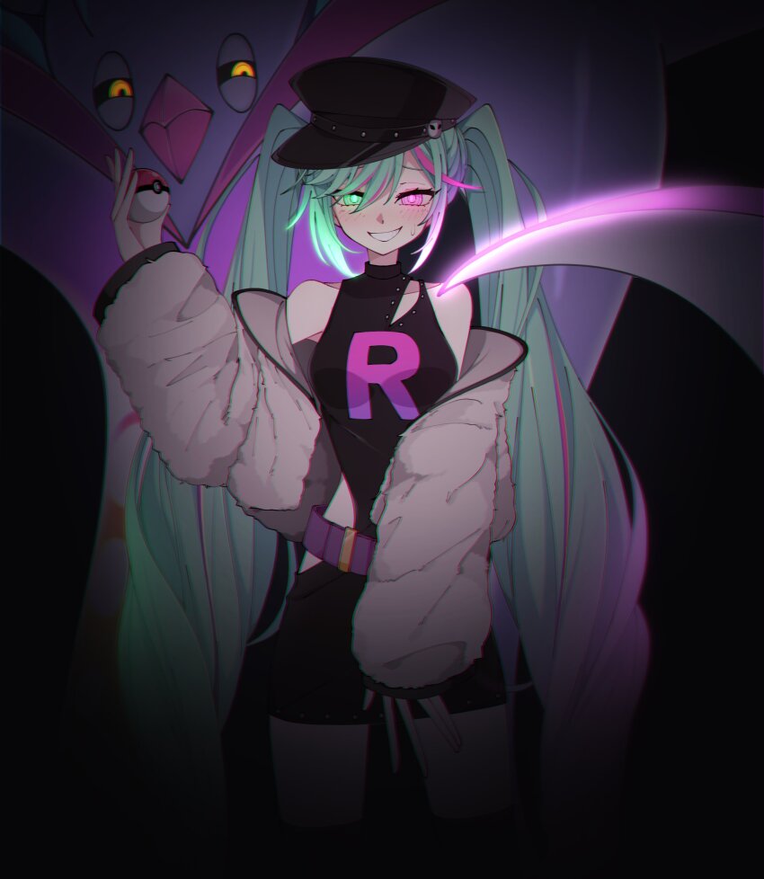 belt blue_hair blush coat corruption enemy_conversion femsub green_eyes green_hair happy_trance hat heterochromia long_hair malamar mega_malamar miku_hatsune multicolored_eyes multicolored_hair nazonobasho nintendo pink_eyes pink_hair pokeball pokemon project_voltage smile sweat team_rocket tentacles twintails vocaloid