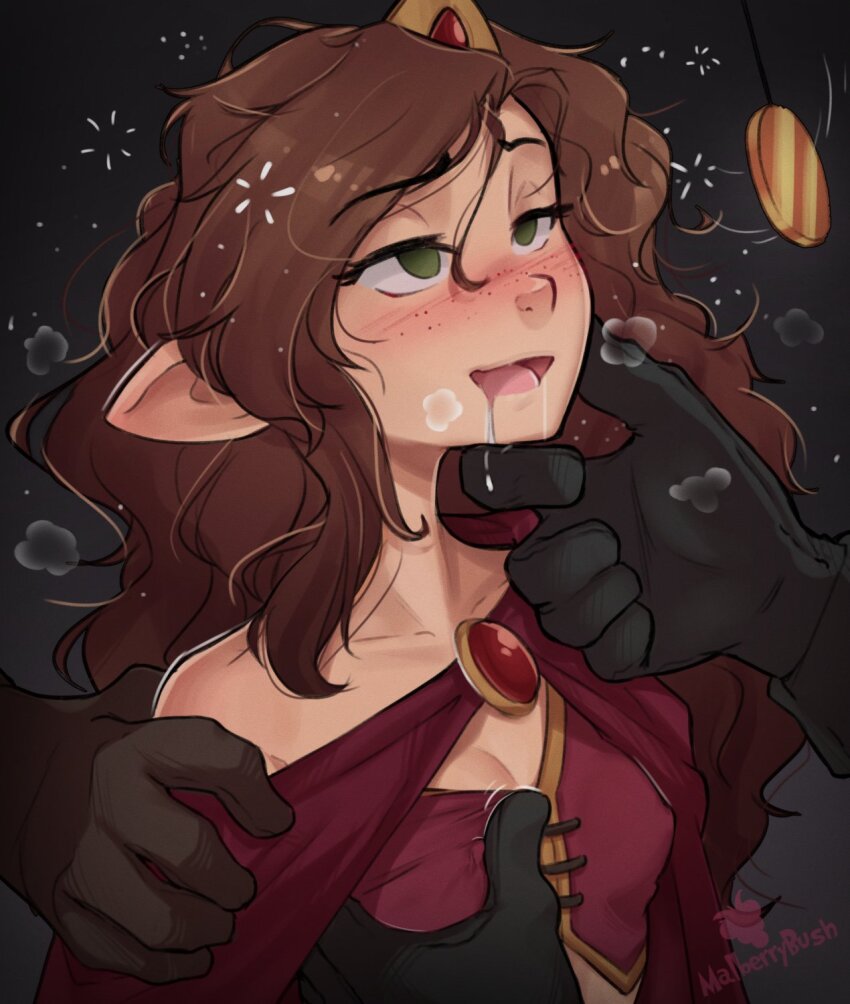 brown_hair chin_hold crown drool elf_ears empty_eyes erect_nipples_under_clothes femsub freckles gwen_(malberrybush) happy_trance malberrybush original pendulum princess royalty