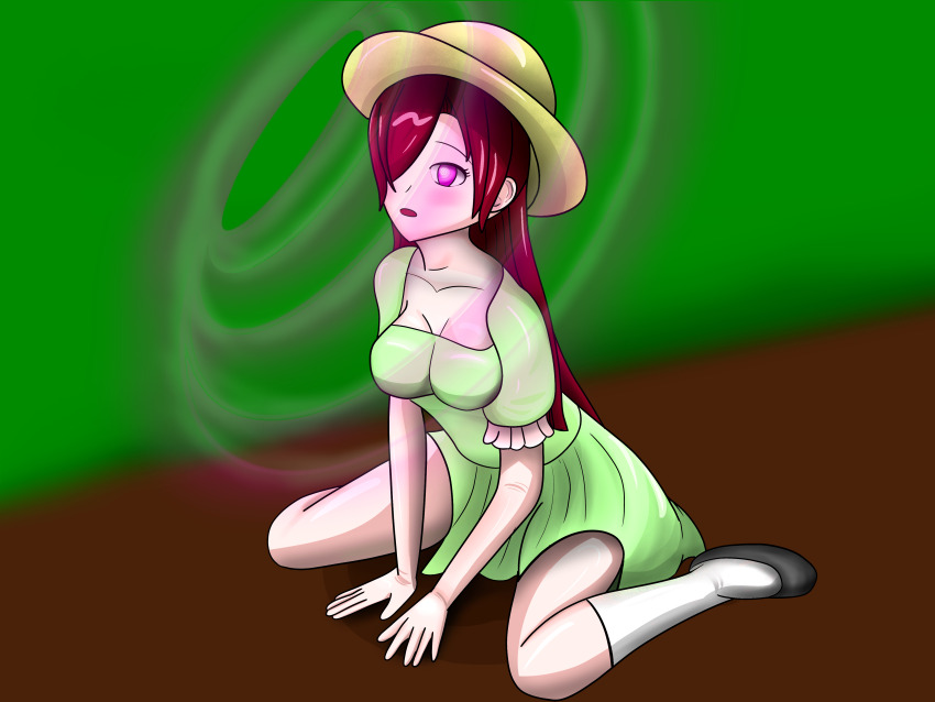 absurdres bangs cleavage clothed dazed dress female_only femsub hair_covering_one_eye hat long_hair open_mouth original pink_eyes pink_hair shoes sitting socks spiral spiral_eyes spread_legs surrisaki tagme