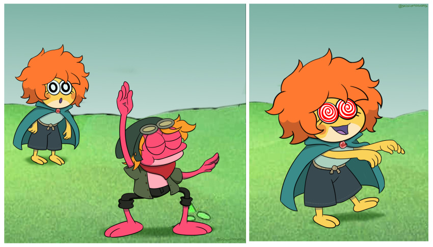 accidental_hypnosis amphibia barefoot cape dancing disney feet frog frog_boy frog_girl goggles goggles_on_head happy_trance ivy_(amphibia) jacket orange_hair pink_skin red_eyes scarf scarlet_angel26 simple_background spiral_eyes spiralwash_eyes sprig_plantar symbol_in_eyes unaware yellow_skin zombie_walk