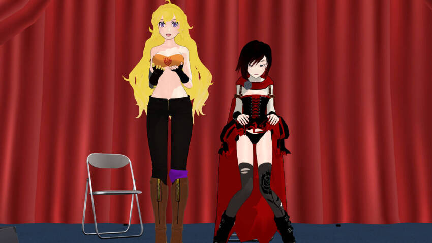3d airmotor black_hair black_panties blonde_hair boots cape clothed corset crossed_eyes dress dress_lift female_only femsub grey_eyes heavy_eyelids knee-high_boots lace long_hair mmd multicolored_hair multiple_girls multiple_subs open_mouth panties pants purple_eyes red_hair ruby_rose rwby skirt skirt_lift smile stage_hypnosis thighhighs tube_top underwear yang_xiao_long