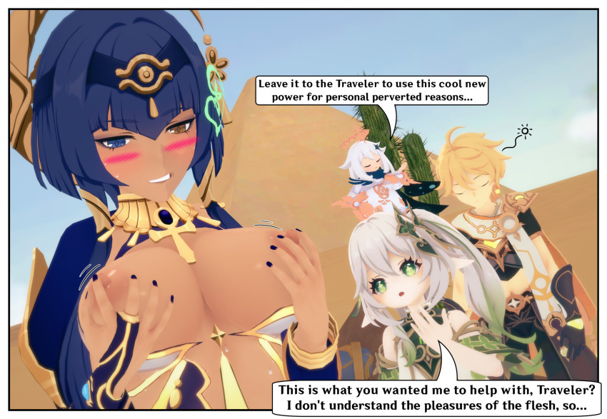 aether_(genshin_impact) akasha_terminal bare_breasts blonde_hair blue_eyes blue_hair blush breast_fondling breasts brown_eyes candace_(genshin_impact) closed_eyes dark_skin dialogue elf_ears english_text femdom femsub floating genshin_impact gloves green_eyes halo heterochromia holding_breasts koikatsu! large_breasts long_hair maledom megalorun nahida_(genshin_impact) nail_polish nipple_play nipples outdoors paimon_(genshin_impact) ponytail possession short_hair speech_bubble sweat text white_hair