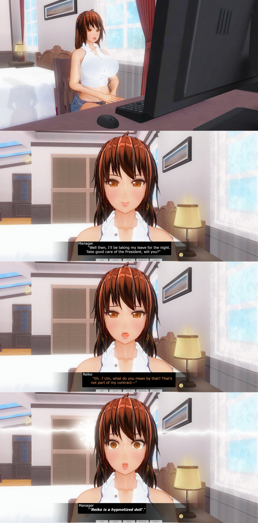 3d absurdres brown_eyes brown_hair comic crop_top custom_maid_3d_2 dialogue earrings empty_eyes expressionless femsub hard_translated jean_skirt kamen_writer_mc midriff reiko_(kamen_writer_mc) text trigger