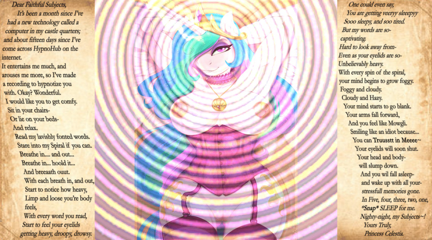 animal_ears animated animated_gif breasts caption choker corset crown exposed_chest femdom furry hair_covering_one_eye horns horse_girl hypnoholic_(manipper) hypnohub large_breasts lip_biting magic makeup manip meta multicolored_hair my_little_pony necklace pink_skin pov pov_sub princess_celestia purple_eyes pussy scappo sleep_command spiral tail text wings