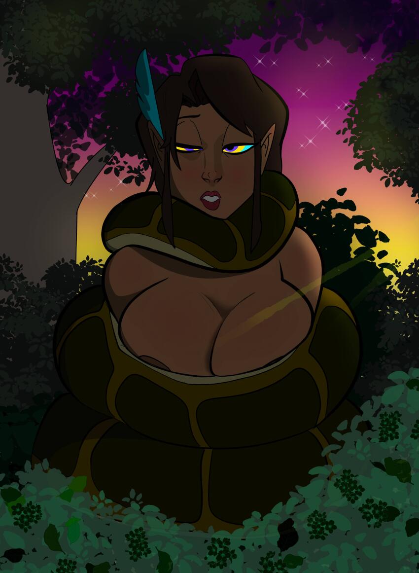 bare_breasts bare_shoulders blush breasts brown_hair cleavage coils colorrings critical_role disney dungeons_and_dragons elf elf_ears jungle kaa kaa_eyes lipstick night nipples sleepy snake tan_skin the_jungle_book trees vex'ahlia_de_rolo