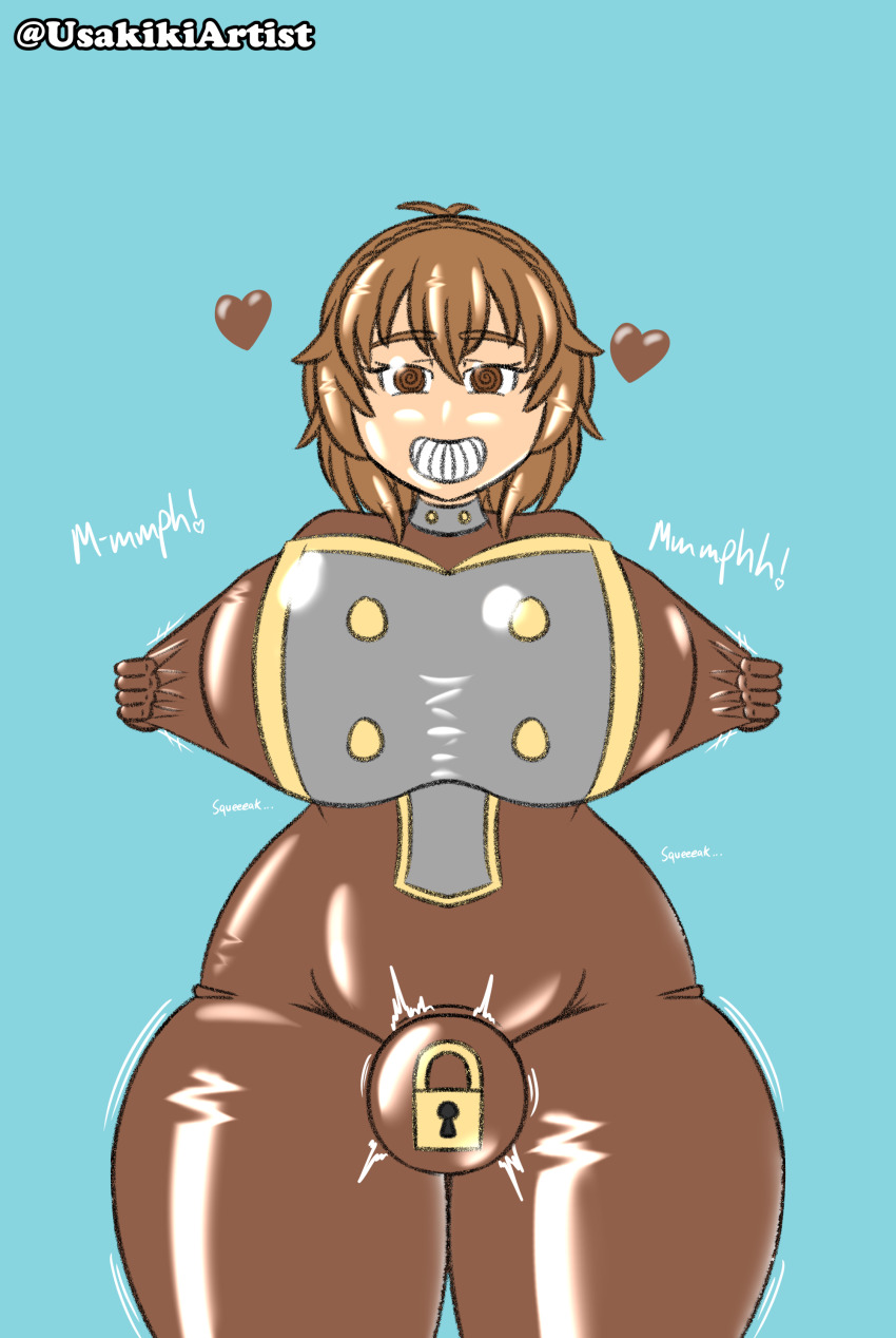 ass bodysuit braid breasts brown_eyes brown_hair bulge futa_only futanari futasub hair_ornament happy_trance heart huge_breasts latex meat_corp null_bulge original rubber short_hair smile spiral_eyes standing uniform usakiki yuki_(aqualover92)